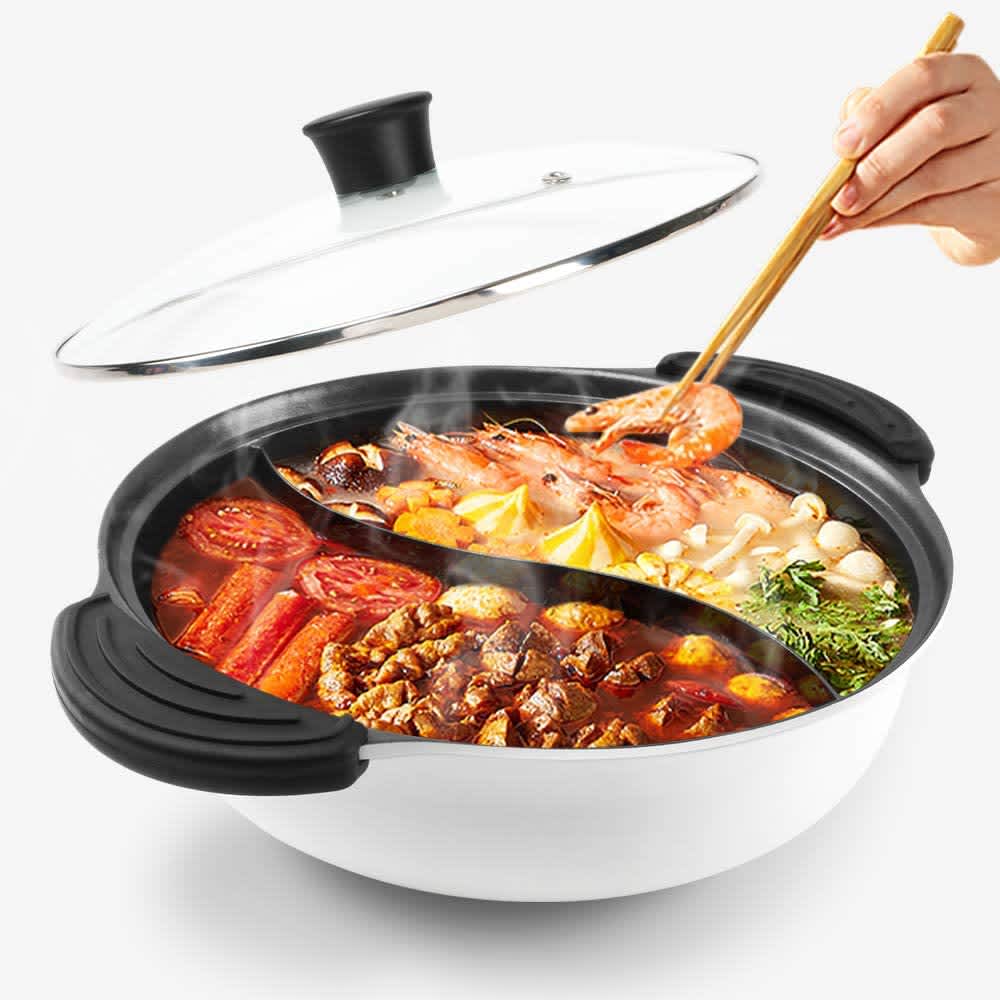 Chinese Hot Pot with Lid Thicken Stainless Steel 2 In 1 Divided