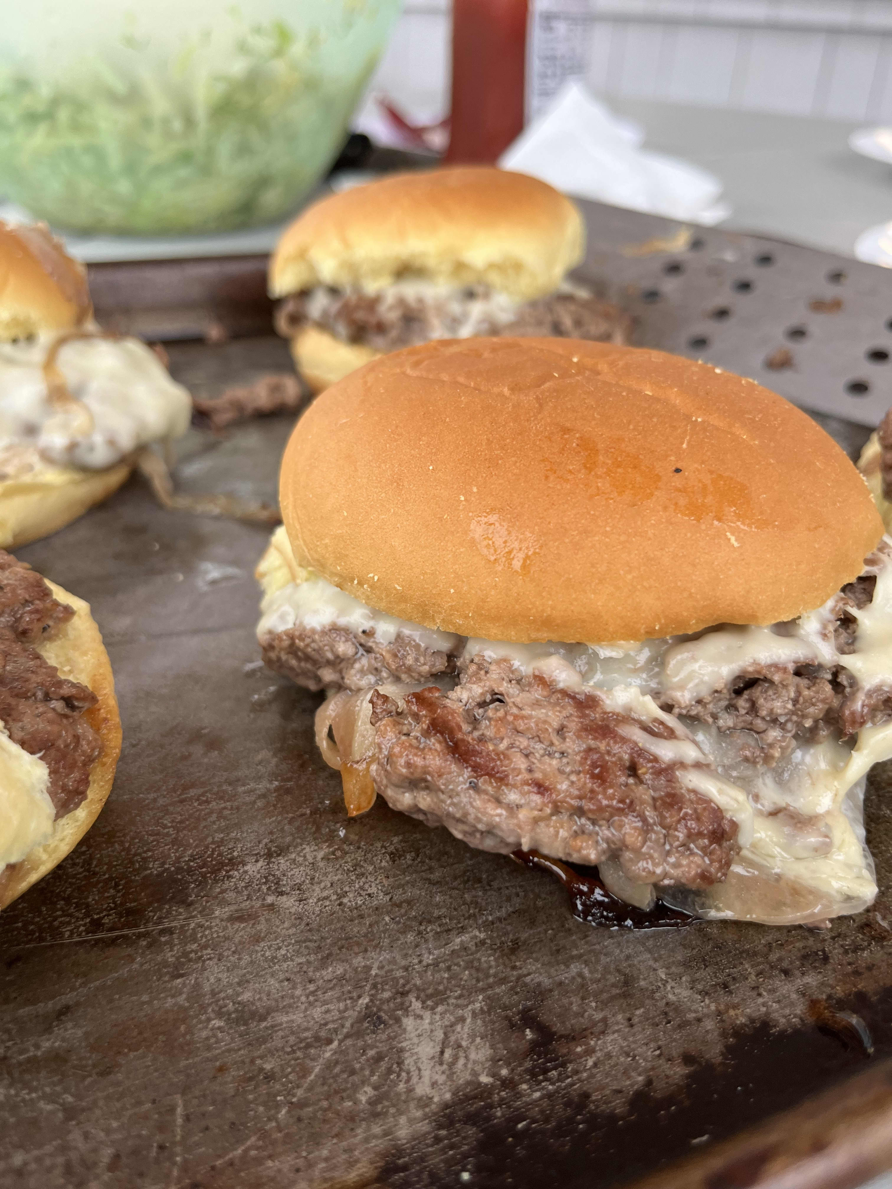 Cheesy Onion Smash Burgers - Over The Fire Cooking
