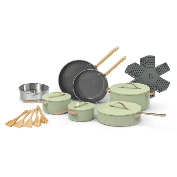 The famous caraway dupe pots and pans for $160! These are link in BIo., Drew Barrymore Pot And Pan Set