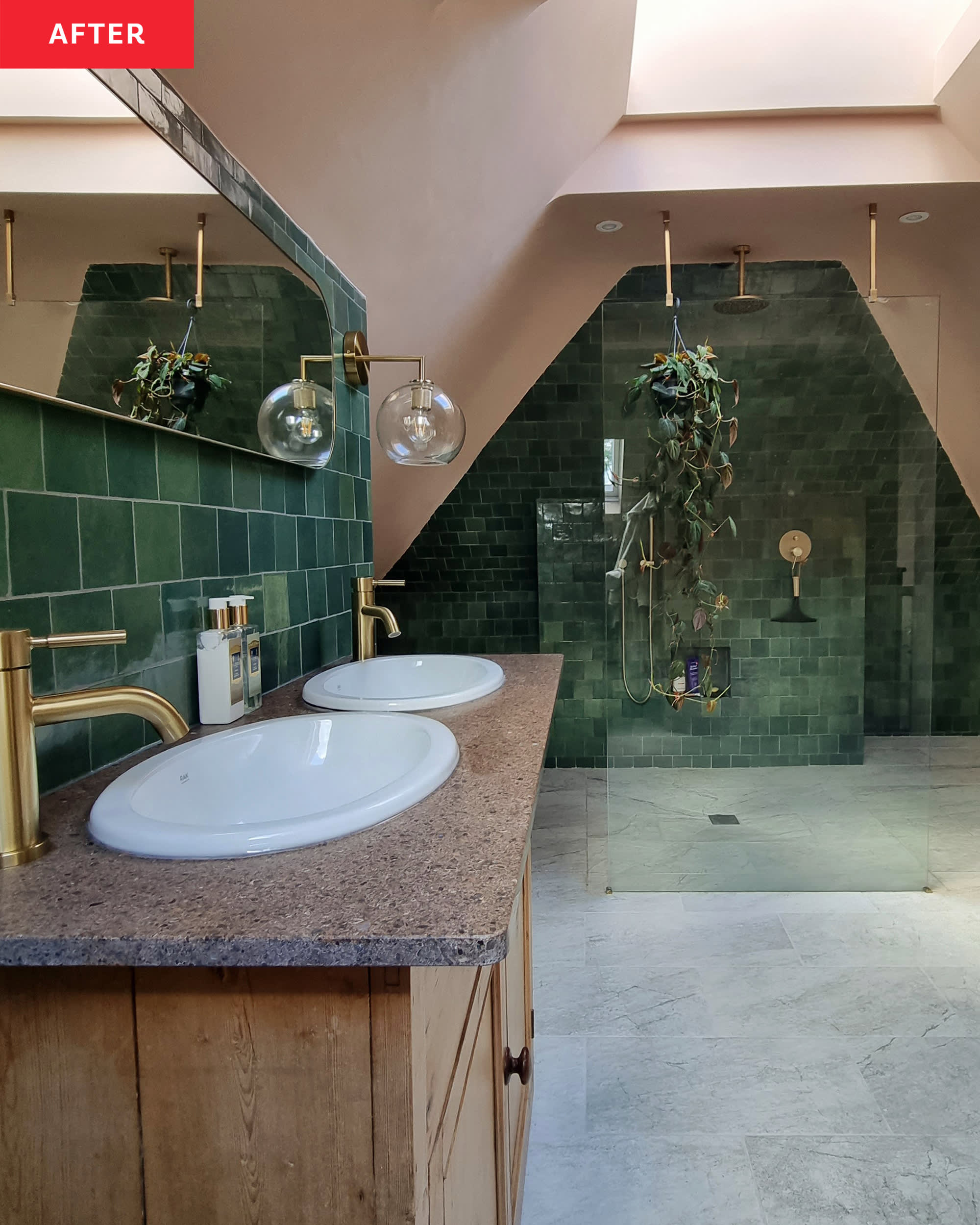 Luxe Green Tiled Bathroom in Unused Attic Space - Before and After Photos |  Apartment Therapy, image size:2000x2500