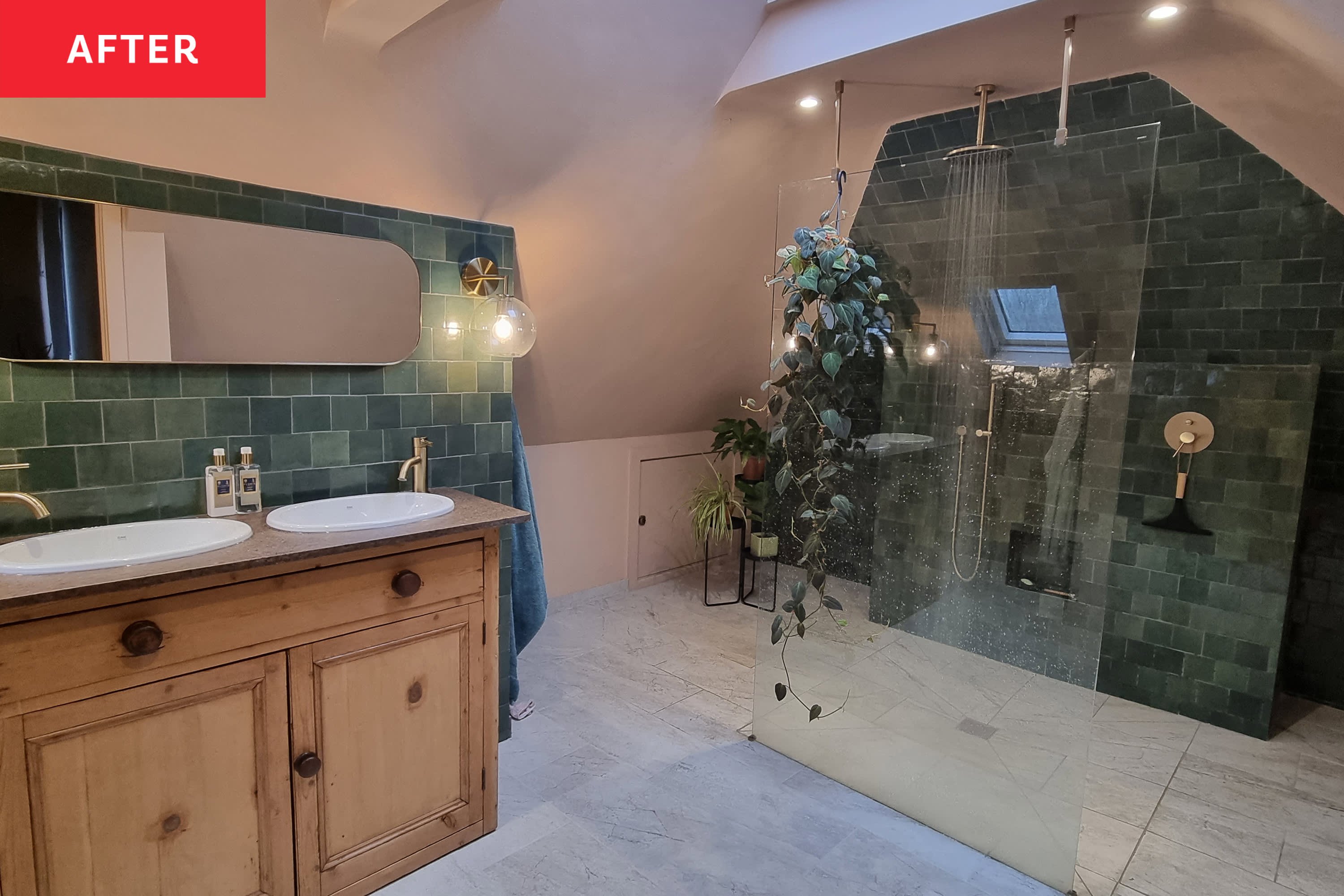 Luxe Green Tiled Bathroom in Unused Attic Space - Before and After Photos |  Apartment Therapy, image size:3000x2000