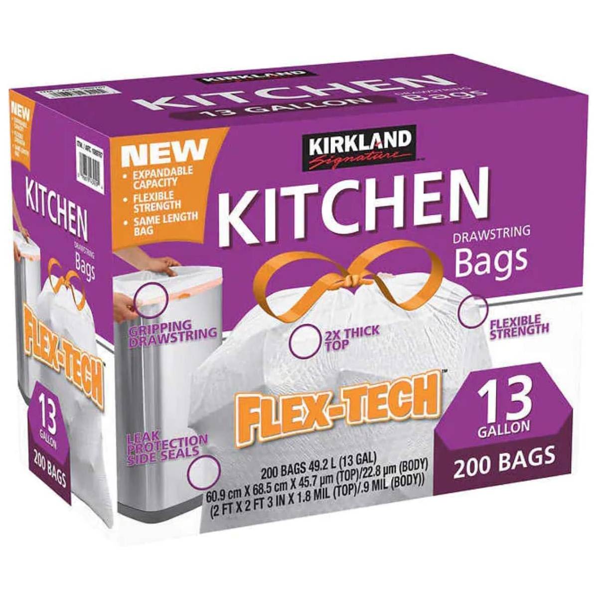 Kirkland Signature Flex-Tech 13-Gallon Scented Kitchen Trash Bags,  200-Count