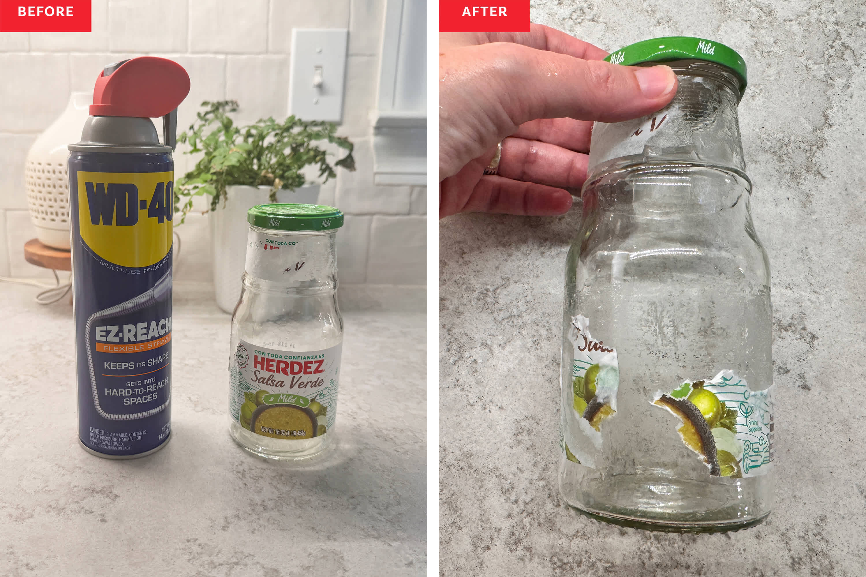 WD-40 and Goo Gone applied on plastic label glass bottle for adhesive removal