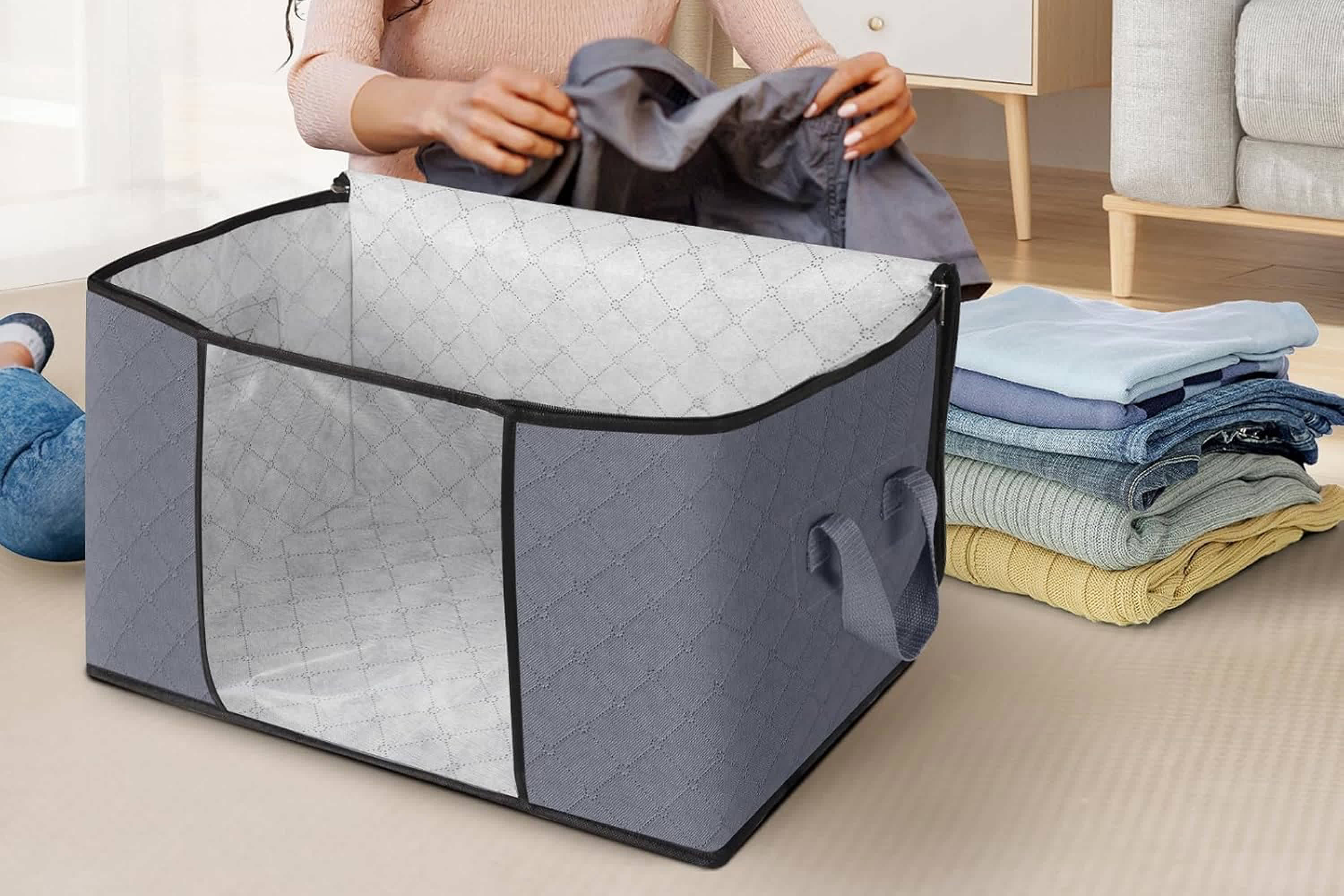 Clothes Storage Folding Tote Box For Shelves 3-Pack Fabric Storage Bins  With Handles Foldable, image size:3000x2000